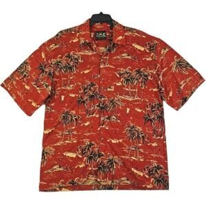 Pussers West Indies~Men's Size L~Brown Hawaiian Print Button Up Shirt Silk Blend
